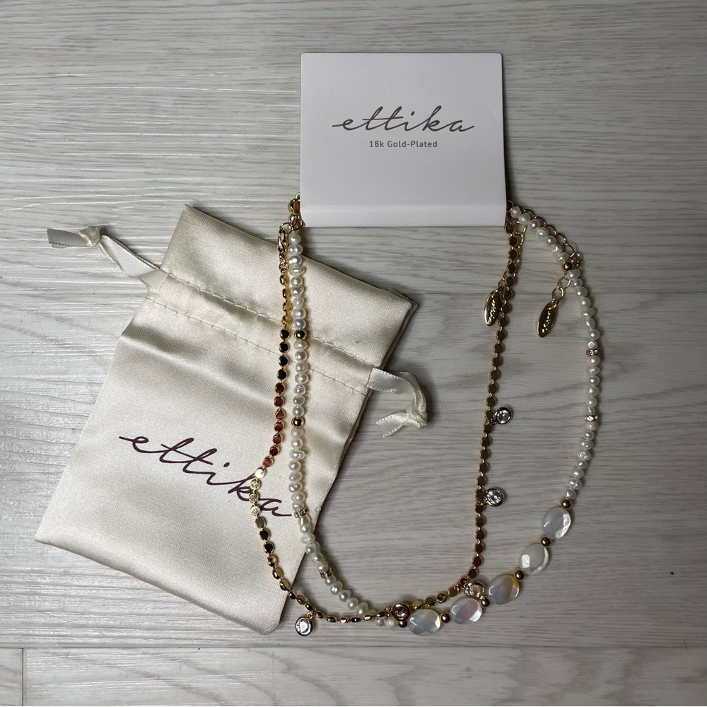 New Ettika 18k Gold-Plated 20in Gold Chain Pearl & Crystal Necklaces 2 PCS Set